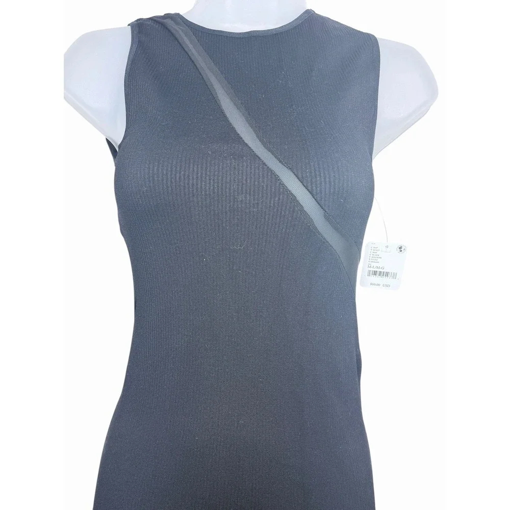 Free People Intimately Black Ribbed Bodycon‎ Midi Dress Mesh Panel M/L Edgy
